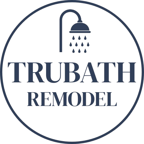 A circular logo features a showerhead with water droplets, highlighting a wet space above the words "TRUBATH REMODEL" in bold, uppercase letters.