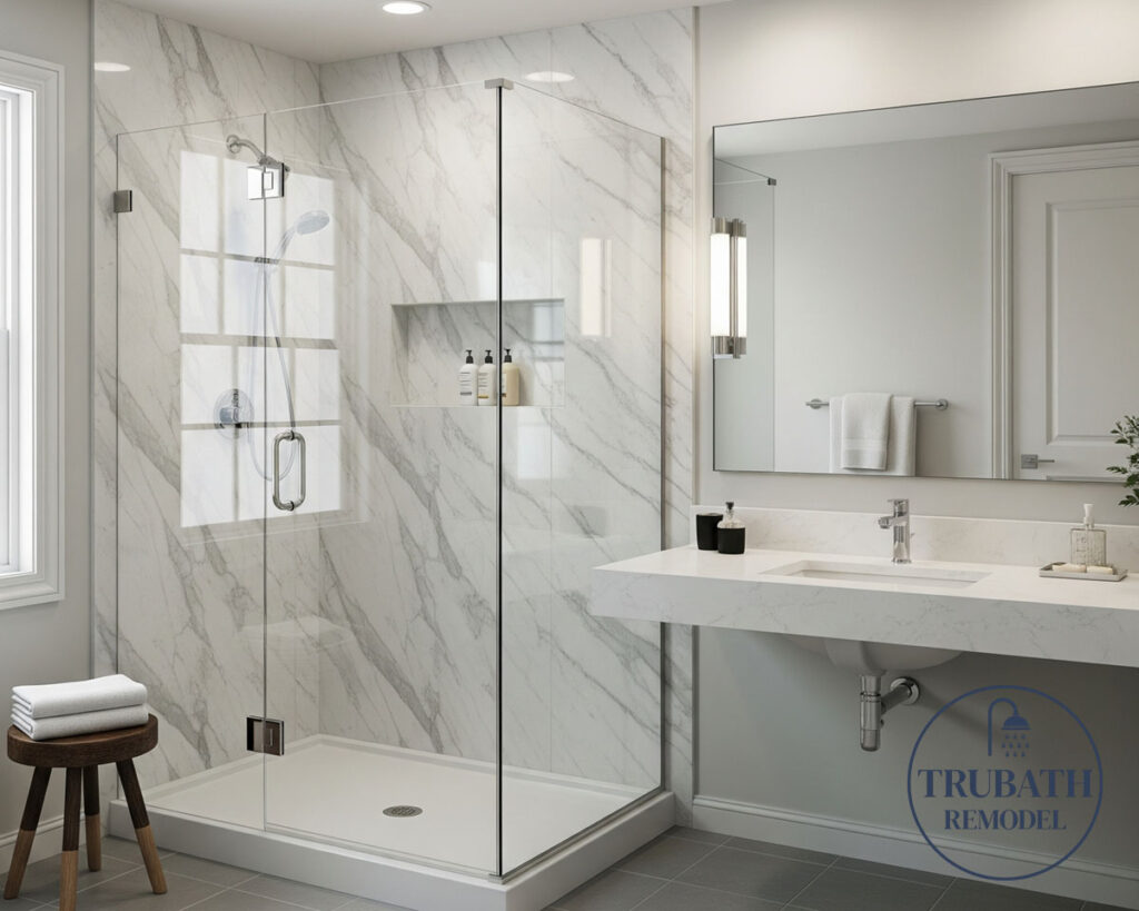 Modern bathroom with a glass-enclosed shower, marble-patterned walls, a floating sink, large mirror, and a neatly folded towel on a stool. “Trubath Remodel” logo in lower right.