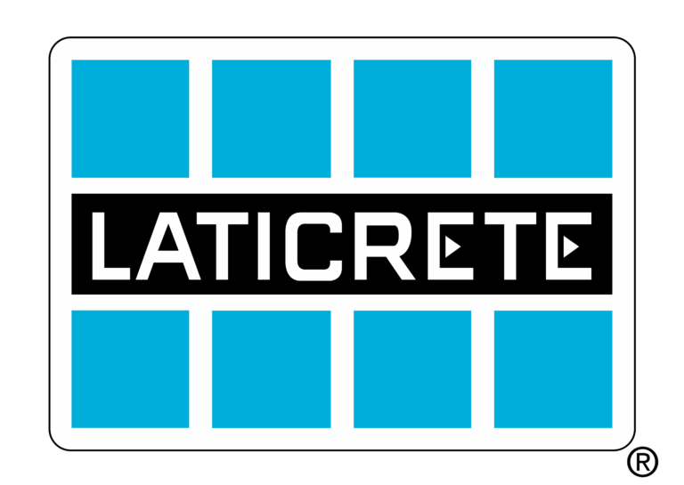LATICRETE logo with white text on a black rectangle, set over a grid of blue and white squares—an emblem often recognized by Phoenix bathroom contractors for its quality.