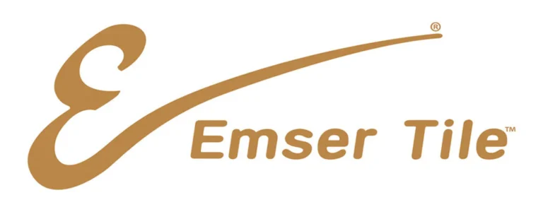 Emser Tile logo featuring a stylized "E" and the words "Emser Tile" in gold on a white background, often chosen by phoenix bathroom contractors for quality and style.
