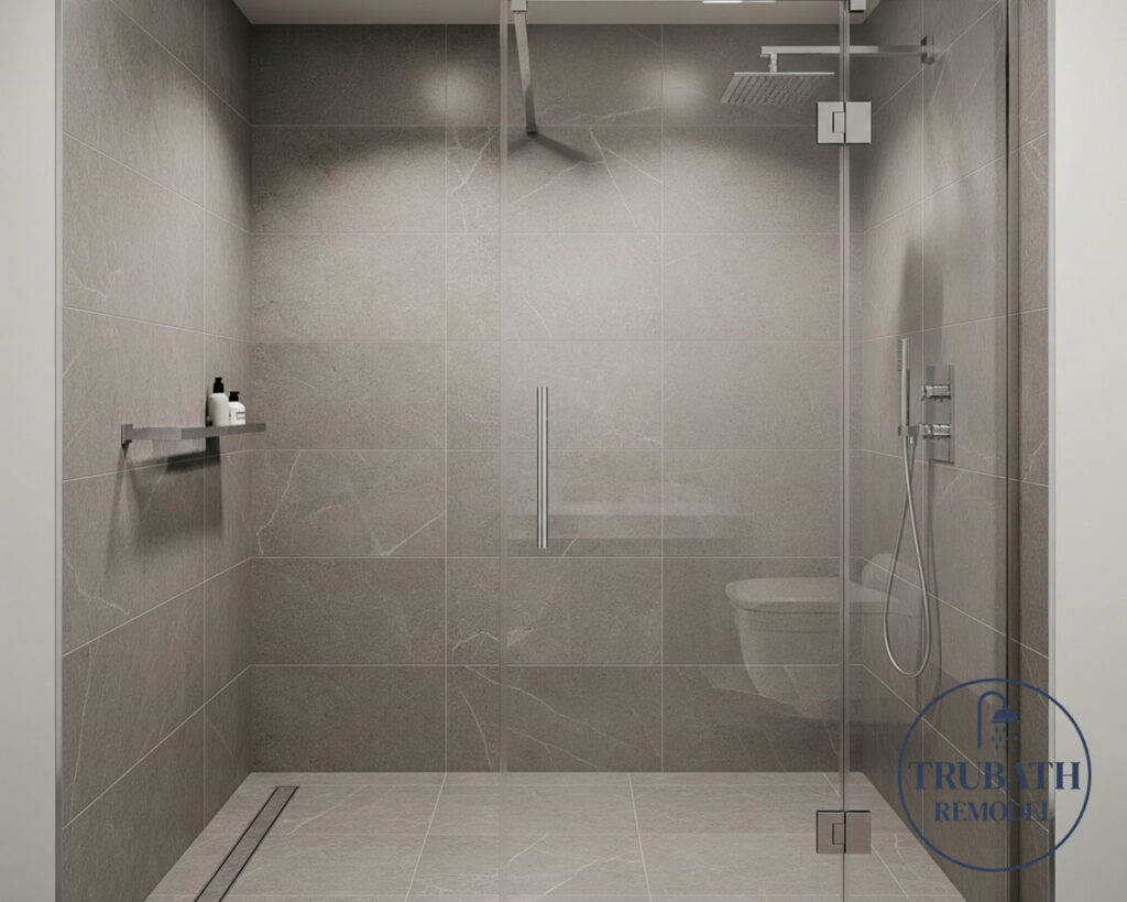 Modern walk-in shower with large gray tiles, a glass door, wall-mounted showerhead, a shelf with toiletries, and a linear floor drain. Logo “TRUBATH REMODEL” in bottom right corner.
