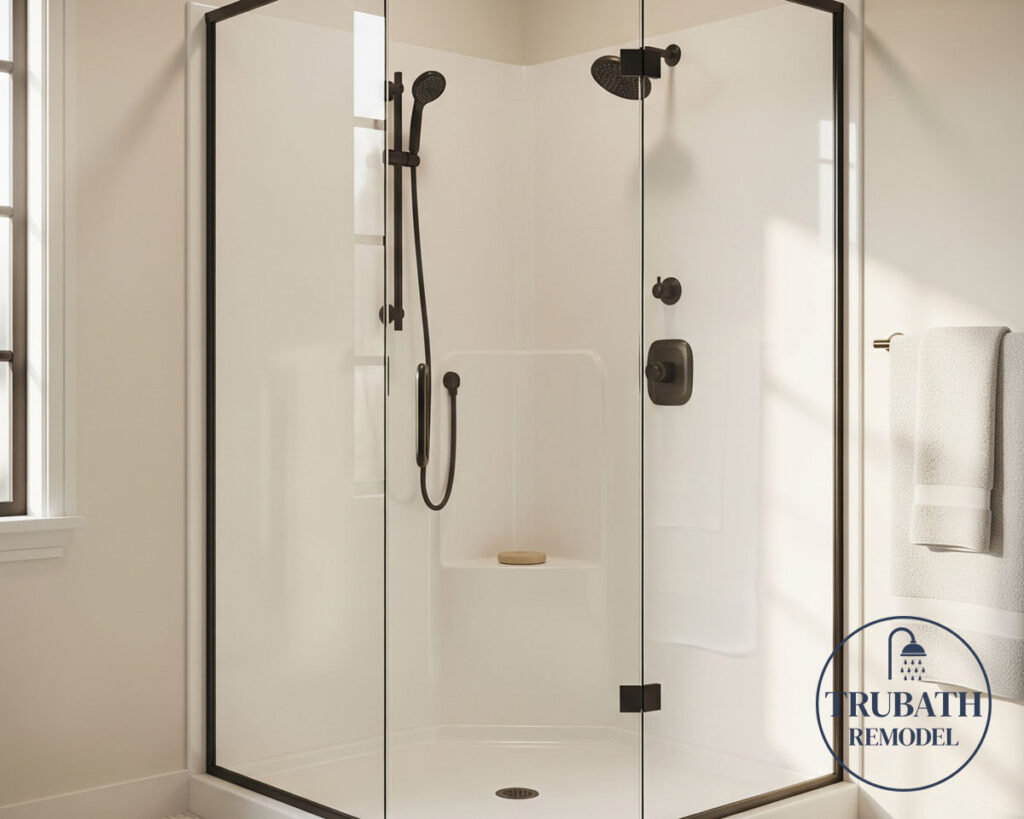 Modern corner glass shower with black fixtures, built-in seat, and a towel hanging nearby; "TRUBATH REMODEL" logo in the lower right corner.