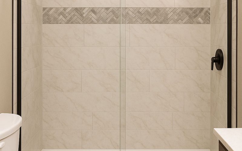 A modern bathroom with a glass-enclosed shower, black fixtures, a patterned tile accent, and a white toilet next to a beige vanity.